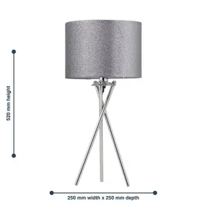 First Choice Lighting Set of 2 Chrome Tripod Table Lamps with Grey Glitter Shades