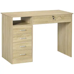 HOMCOM Computer Desk Writing Desk with Five Drawers for Home Office Oak