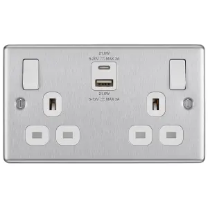 GoodHome Brushed Steel Double 13A Raised rounded Switched Screwed Socket with USB, x2 & White inserts