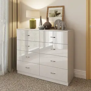 White Gloss 8 Drawer Chest Of Drawers 4+4 Bedroom Furniture