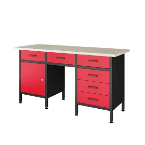 POLLOR 160 cm Steel Workbench Storage Desk Tool With 6 Drawers Garage Workshop Workstation Red & Black