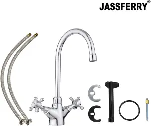 JASSFERRY Kitchen Mixer Tap Monobloc Brass Two Crosshead Lever Swivel Spout Chrome