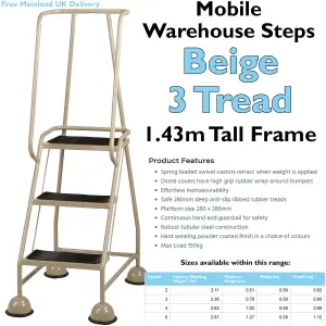 3 Tread Mobile Warehouse Steps BEIGE 1.43m Portable Safety Ladder & Wheels