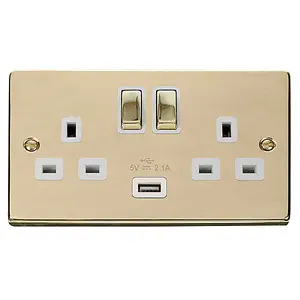 Polished Brass 2 Gang 13A DP Ingot 1 USB Twin Double Switched Plug Socket - White Trim - SE Home