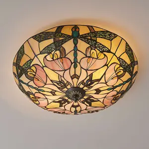 Tiffany Glass Semi Flush Ceiling Light Dragonfly Round Inverted Shade i00032