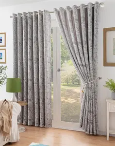 Chenille Jacquard Lined Ring Top Eyelet Curtains 168x137cm Silver