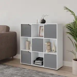 URBNLIVING 9 Cube White Wooden Bookcase Shelving Display Shelves Storage Unit Wood Shelf Grey Door