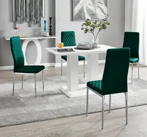 Furniturebox UK 4 Seater Dining Set - Imperia White High Gloss Dining Table and Chairs - 4 Green Velvet Milan Chrome Leg Chairs