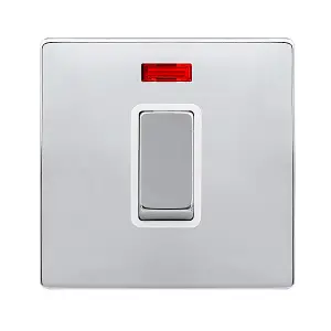 Polished Chrome Screwless Plate 1 Gang Ingot Size 45A Switch With Neon - White Trim - SE Home