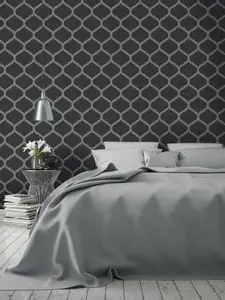 Charcoal Black Trellis Geometric Metallic Silver Grey Wallpaper Linen Effect