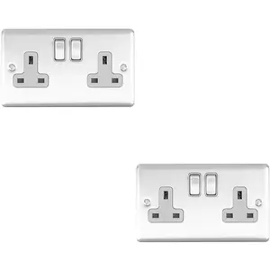 2 PACK 2 Gang Double UK Plug Socket SATIN STEEL & Grey 13A Switched Outlet