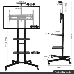 Yaheetech Black Height Adjustable Mobile TV Stand with Lockable Wheels and Storage Shelves