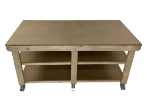 Workbench MDF top, large heavy-duty table (H-90cm, D-90cm, L-180cm) with wheels and double shelf