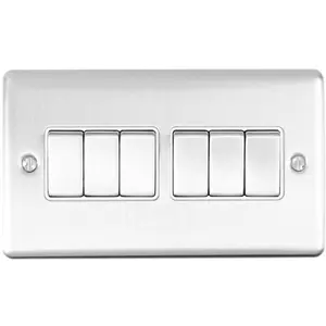 2 PACK 6 Gang Metal Multi Light Switch SATIN STEEL 2 Way 10A White Trim