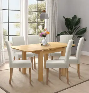 Hallowood Furniture Waverly Oak Small Extending Table with 6 Upholstered Straight Back Beige Chair with Oak Legs