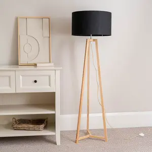 ValueLights Lottie Natural Wood Tripod Floor Lamp with Black Drum Shade - LED Bulb Included