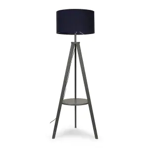 ValueLights Morrigan Grey Wood Tripod Design Floor Lamp with Storage Shelf & Navy Blue Drum Shade - Includes 6w LED Bulb 3000K