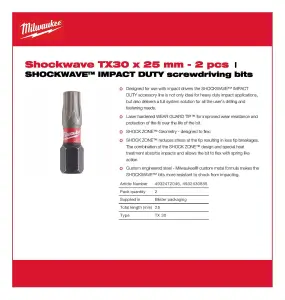 Milwaukee SHOCKWAVE TORX Impact Duty Bits TX30 25mm Pack of 2 4932472046