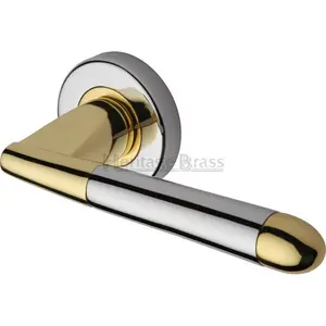 Heritage Door Handle Lever Latch on Round Rose Turin Design (Set of 2) Polished Chrome/Brass