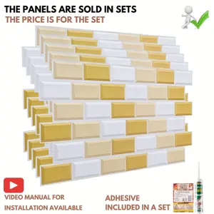 3D Wall Panels with Adhesive Included - Pack of 6 Sheets Cover 29.76ft² (2.76m² ) - Subway Tile Pattern in White Gold & Beige