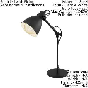 Adjustable Table Lamp Desk Light Black & White Steel Shade 1 x 40W E27 Bulb