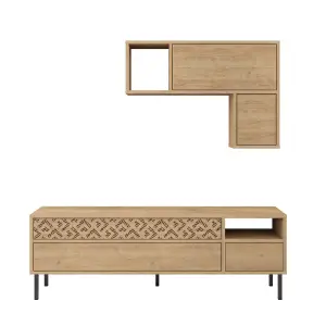 Decortie Heaton Modern TV Unit Oak with Storage and Wall Shelf 144.6cm