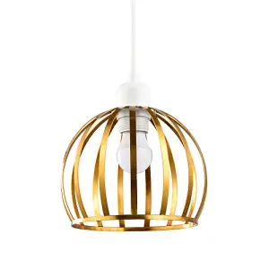 Vintage Round Cage Pendant Shade with Brushed Gold Metal Strips - Chic Design