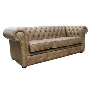 Chesterfield Handmade 3 Seater Settee Sofa Cracked Wax Tan Real Leather