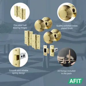 AFIT Beehive Door Knob Set Polished Brass - 4 Pairs of Reeded Mortice Knobs (55mm), Latch (76mm) & Hinges (76mm) for Internal Door