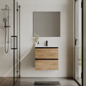 Banyetti Akiro 600mm Wall Hung Basin Unit with Matt Black Handles - Walnut