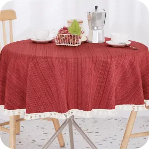 Deconovo Wipe Clean Faux Linen Water Resistant Round Table Cloth With Tassel Table Cover for Dining 140cm (55in) Red