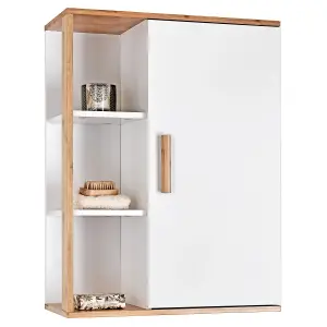 Showerdrape Cassino Matt White & Bamboo Wall Bathroom Cabinet with Display Shelves