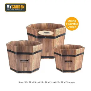 Set of 3 Garden Wooden Decorative Solid Barrel Planters 8966