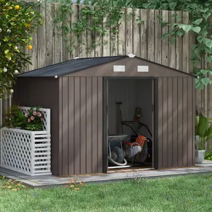 Outsunny 9 x 6FT Galvanised Garden Storage Shed with Sliding Door, Brown