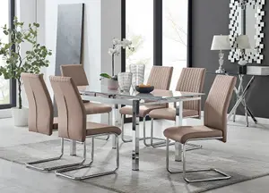 Furniturebox UK 6 Seater Dining Set - Enna White Glass & Chrome Extendable Dining Table & Chairs - 6 Beige Leather Lorenzo Chairs