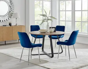 Furniturebox UK Santorini Brown Round Round Dining Table And 4 Navy Pesaro Silver Leg Chairs