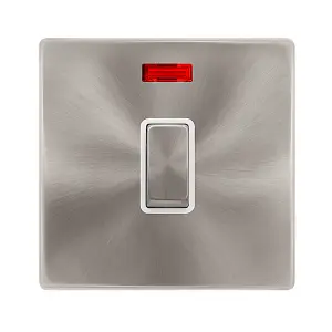 Brushed Steel Screwless Plate 1 Gang 20A Ingot DP Switch With Neon - White Trim - SE Home