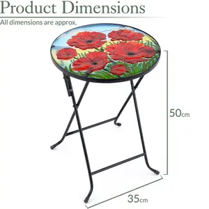 Folding Glass Table Garden Outdoor Patio Decoration Painted Round Top Christow Poppy