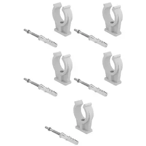 5 x Open Pipe Clips Snap In Bracket Single 15mm Plastic Clip with Fixings