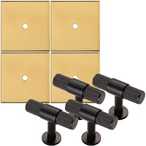 4 PACK - Cabinet Door Knob & Contrasting Backplate Set - Knurled T Bar Pull - Matt Black & Satin Brass