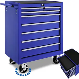 Tool Box - with wheels, 7 drawers, central locking system - blue