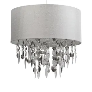 First Choice Lighting Large 40cm Easy Fit Shade in Grey with Acrylic Droplets