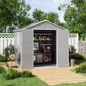 8x6ft Grey Outdoor Shed Apex Roof Plastic Tool Shed with Dual-door