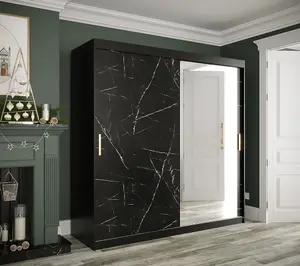 Elegant Black Geneva T2 Sliding Door Wardrobe W2000mm H2000mm D620mm - Mirrored Door, Gold Handles, Extensive Storage