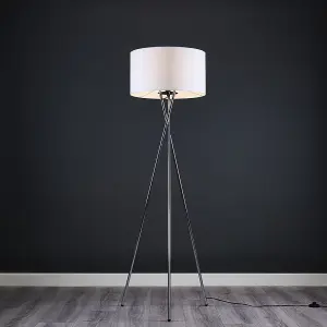 ValueLights Camden Modern Polished Chrome Metal Tripod Floor Lamp with White Cylinder Shade - Includes 6w LED Bulb 3000K