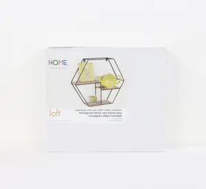 Loft hexagonal display wall shelf - black metal and wood effect