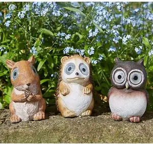 Garden Light Up Woodland Animal Ornamental Solar Powered Lights Set of 3 Owl Hedgehog & Squirrel