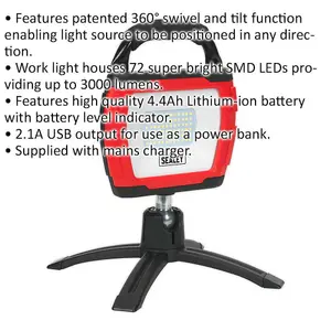 Rechargeable Portable Floodlight - 360 Degree Swivel - 36W SMD LED - Red