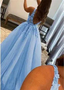 Stacees Prom Dress Princess A-Line V Neck Sweep Train Tulle Appliqued Beading - Sky Blue