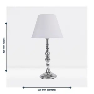 First Choice Lighting Chrome Plated Bedside Table Light with Candle Column White Fabric Shade